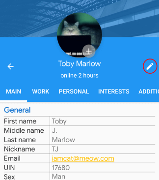 Screen of MyChat for Android user&apos;s profile