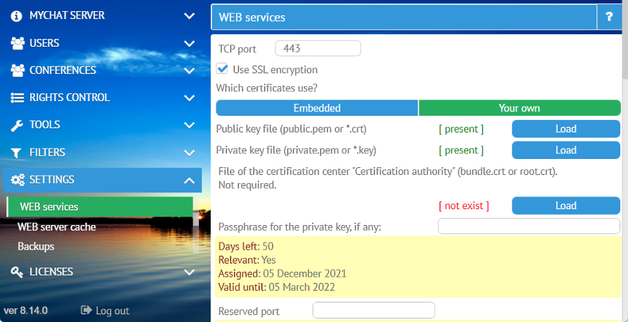 MyChat Server settings for WEB services
