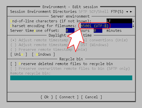 Кодировка UTF-8 названий файлов в настройках FTP Far Manager для подклочения к серверу MyChat